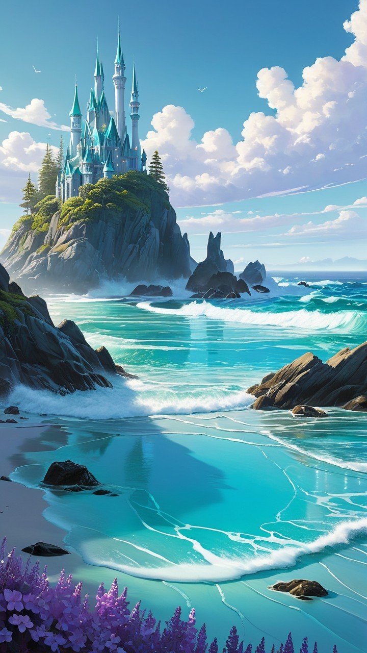 Majestic Castle on Rocky Island in Fantasy Landscape