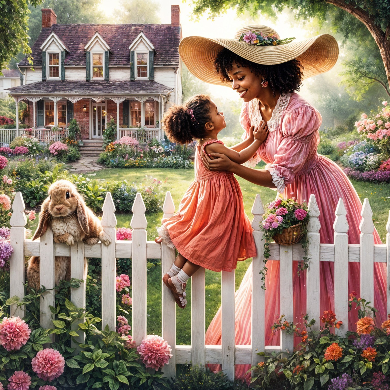 Joyful Garden Scene with Woman, Girl, and Bunny