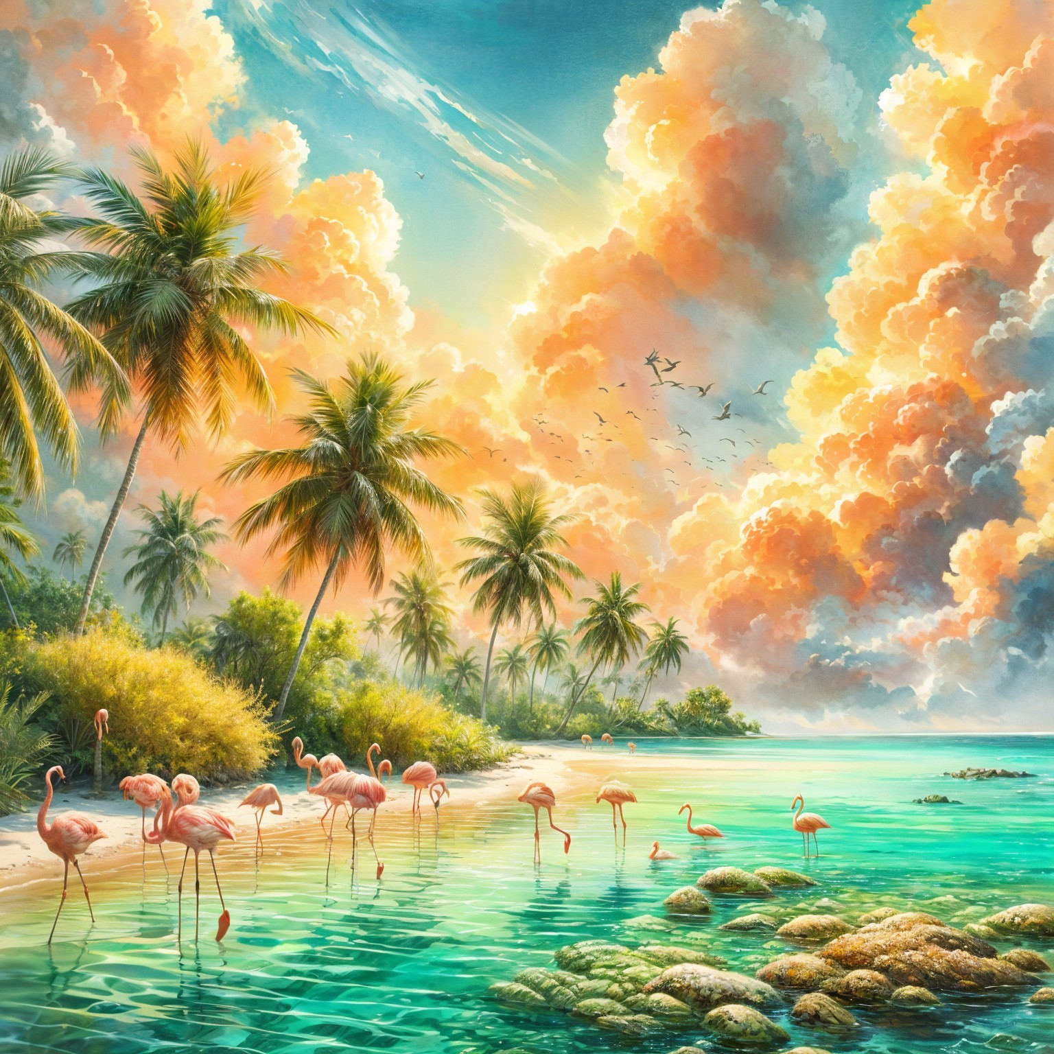 Tropical Scene with Flamingos and Lush Greenery