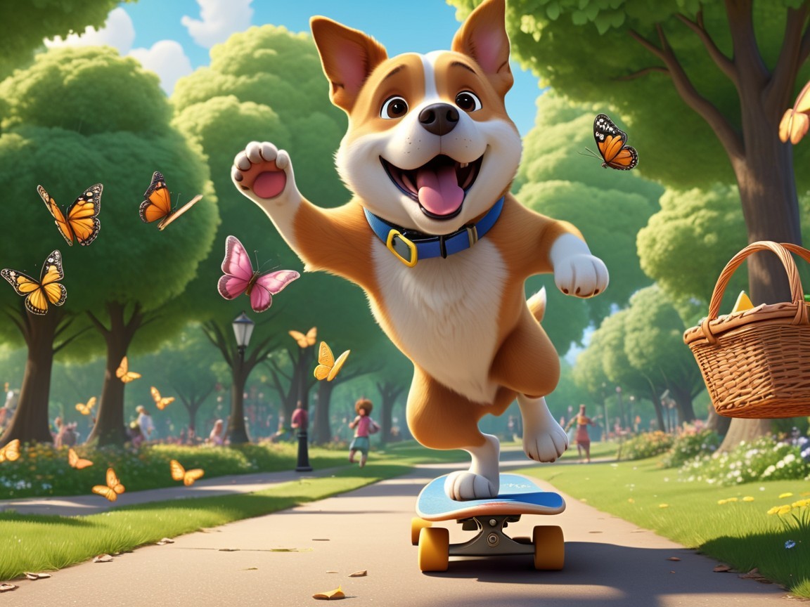 Corgi Skateboarding in a Sunny Park Setting
