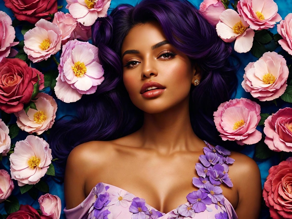 Portrait of a Woman with Purple Hair and Flowers