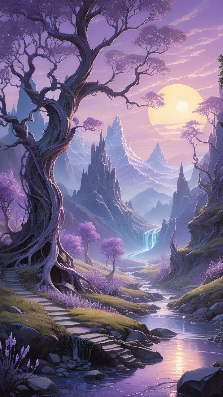 Serene Landscape with Mountains and Waterfall Scene