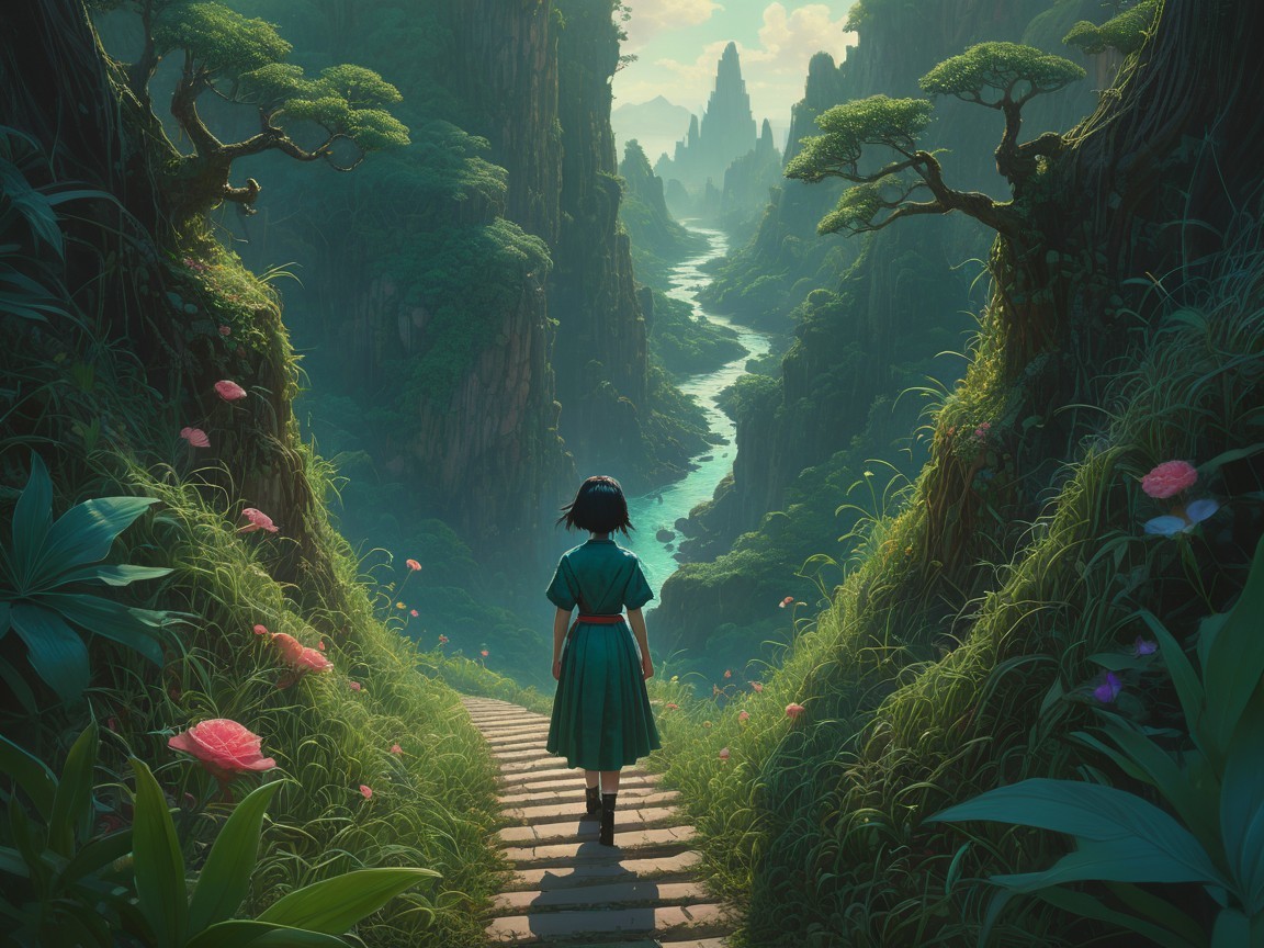 Young girl in green dress by serene valley pathway