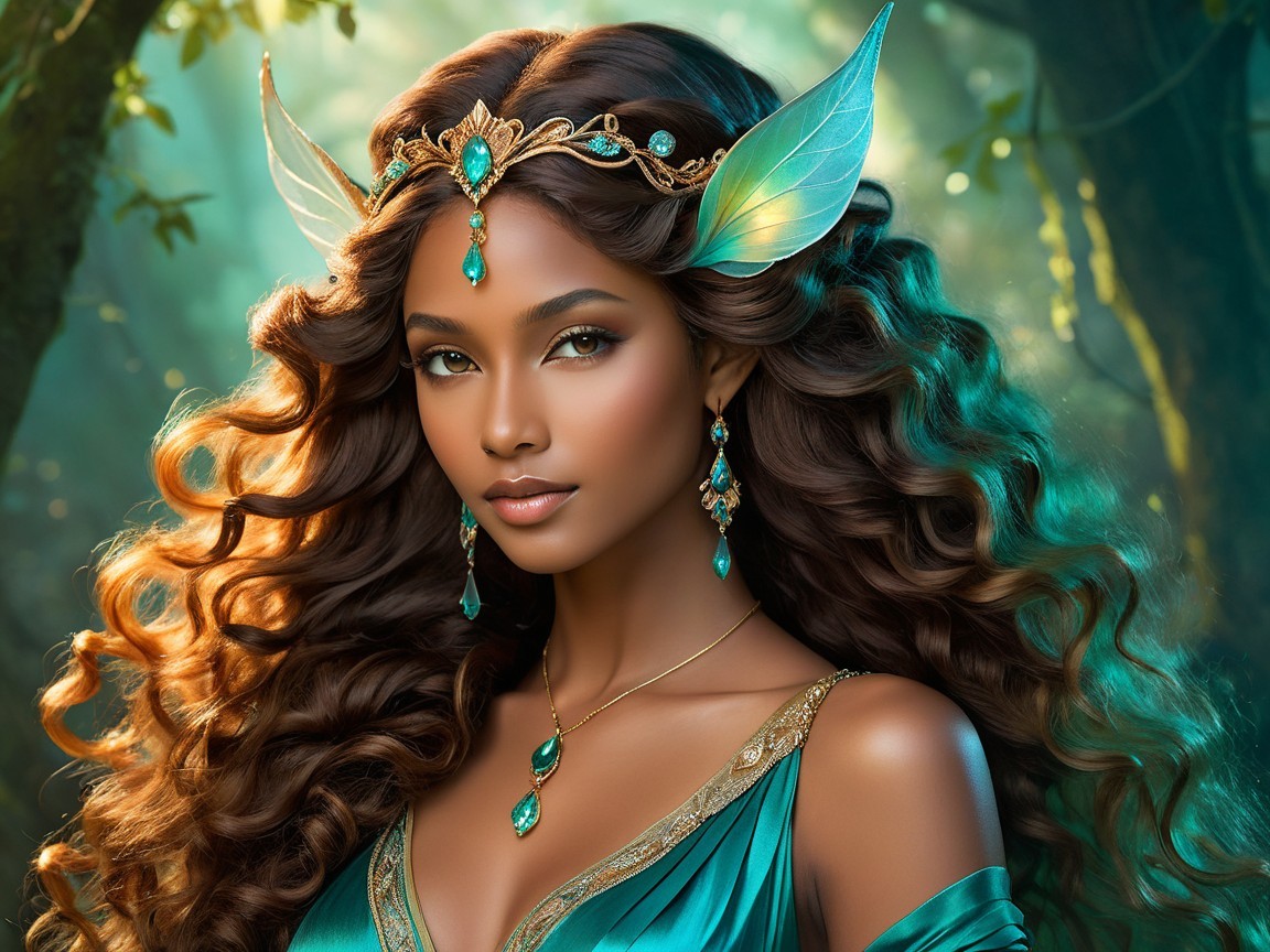 Fantasy figure in teal gown with leaf accessories