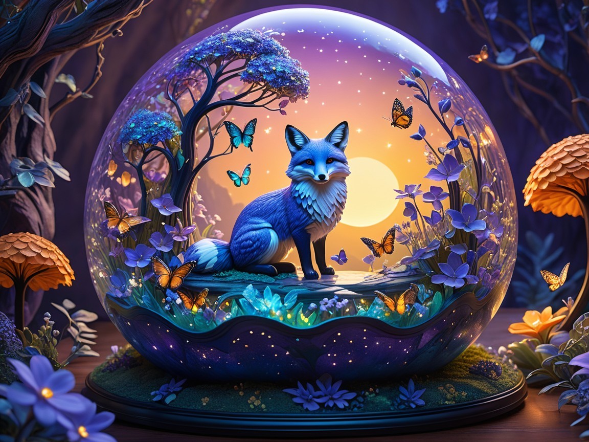 Serene Glass Dome with Blue Fox and Twilight Scene