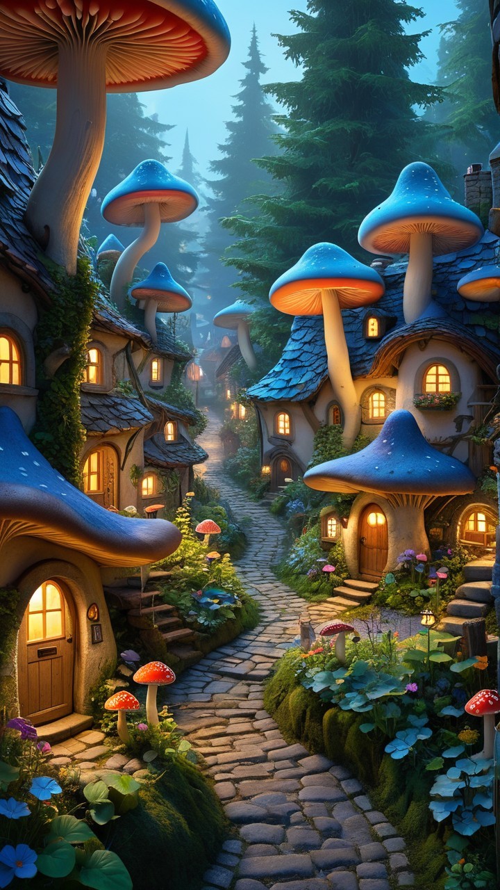 Charming Village with Mushroom Homes and Lush Greenery