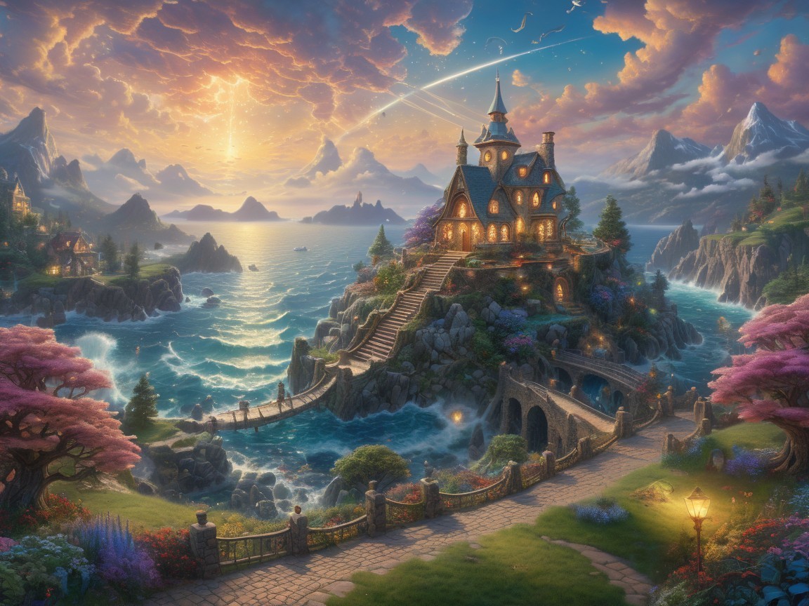 Whimsical Castle by Rocky Shoreline at Sunset