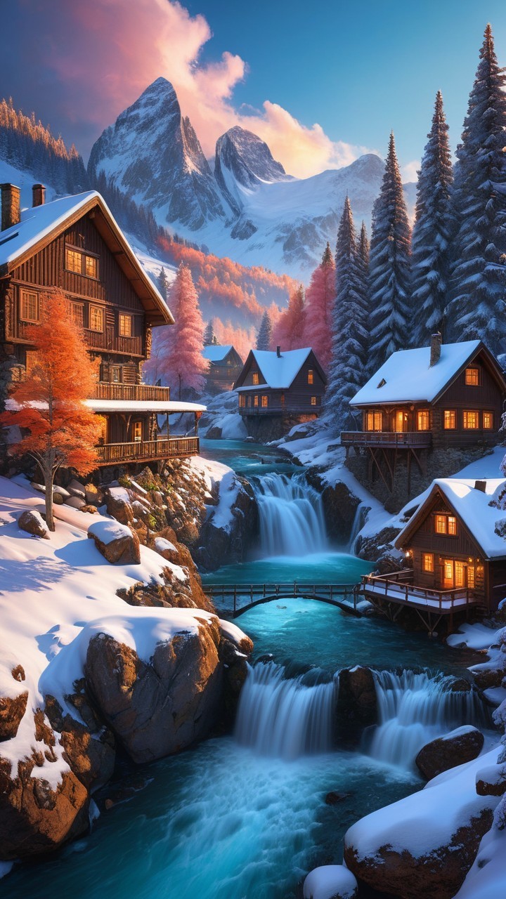 Serene Winter Landscape with Wooden Cabins and Mountains