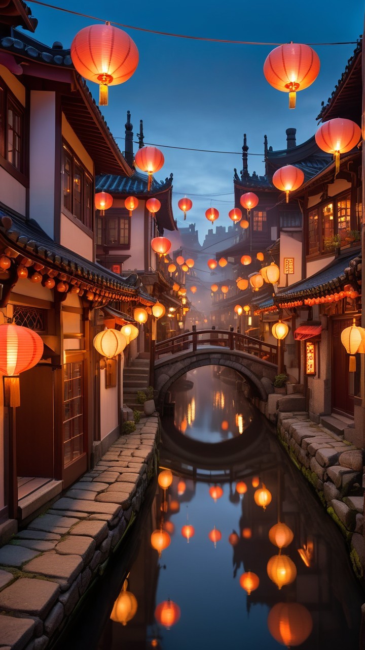Traditional Asian Village at Night with Lanterns
