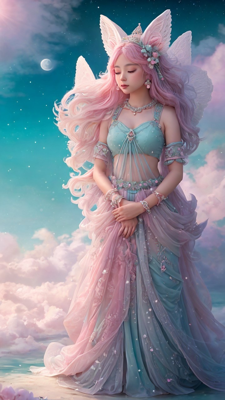 Ethereal figure in gown with wings amidst clouds