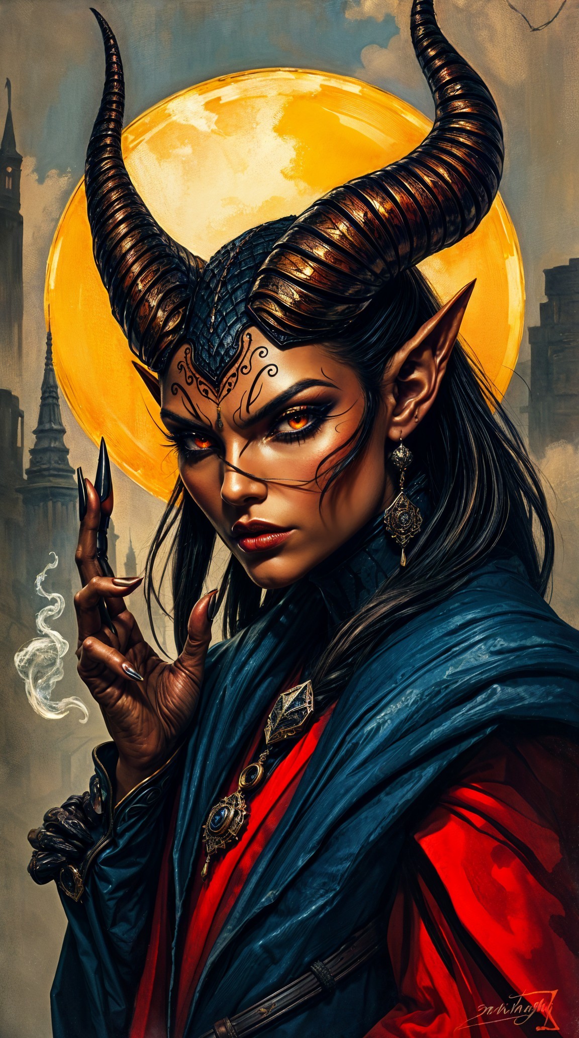 Fantasy Portrait of a Horned Figure with Moon Backdrop