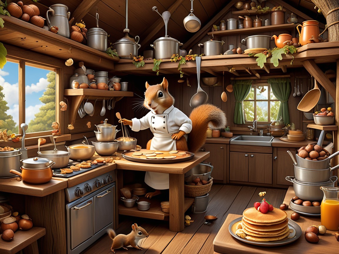 Cozy Wooden Kitchen with Chef Squirrel and Treats