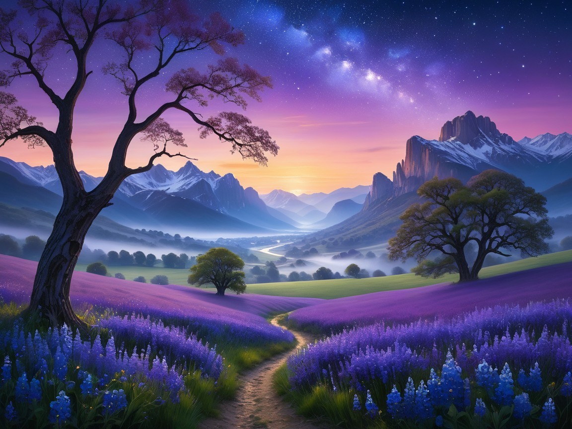 Dusk Landscape with Purple Flowers and Mountains