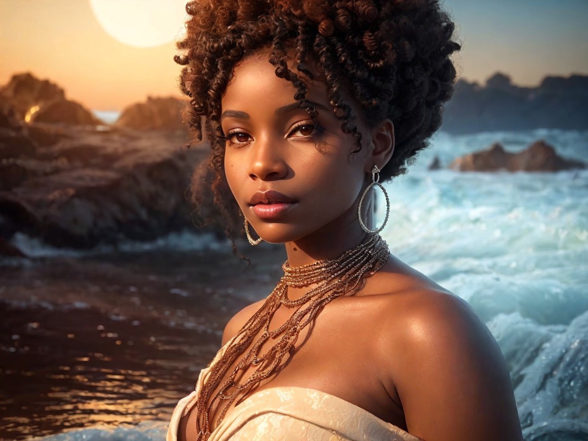 Young Woman by Ocean at Sunset with Elegant Attire