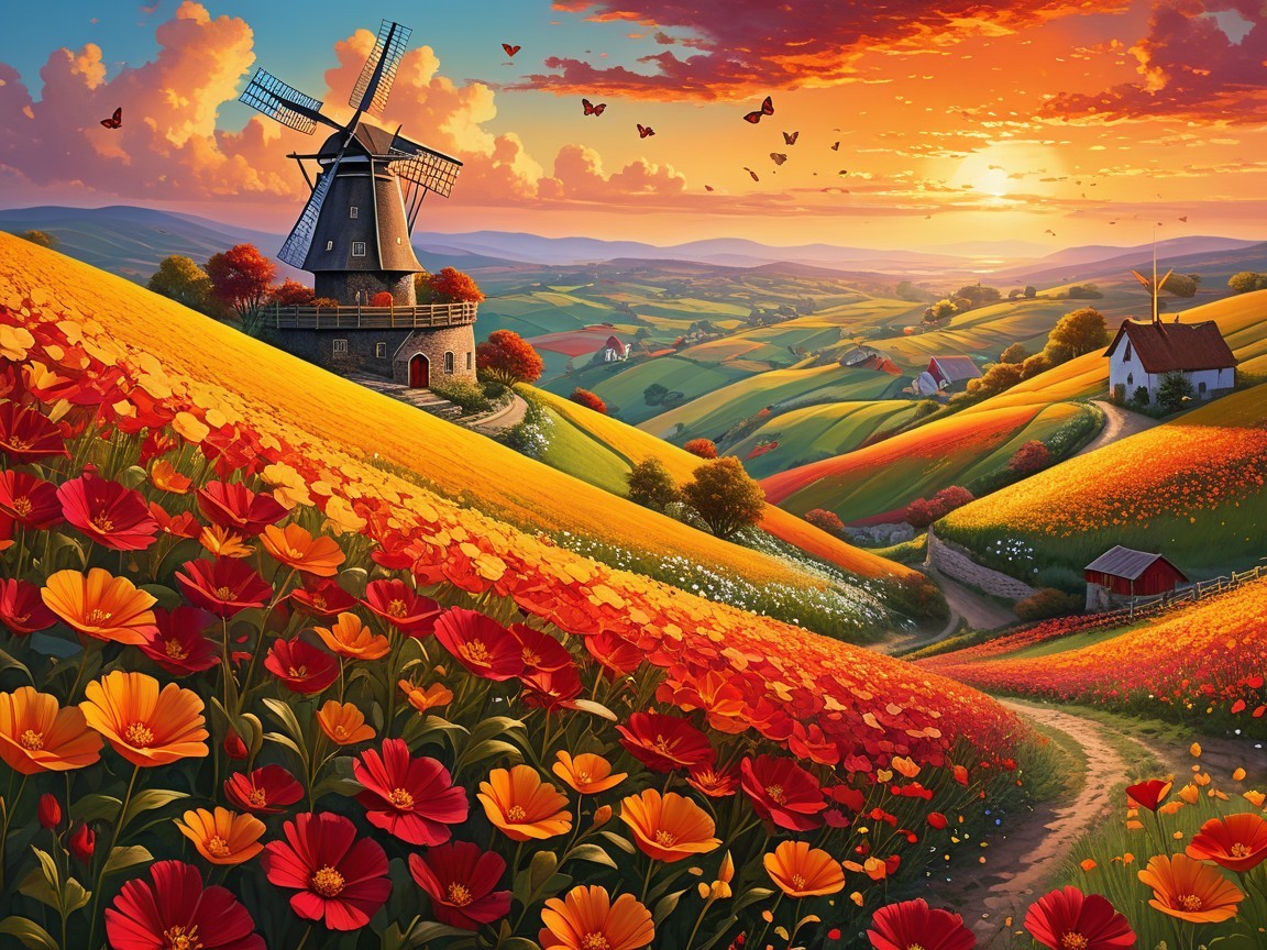 Vibrant Landscape with Wildflowers and Windmill
