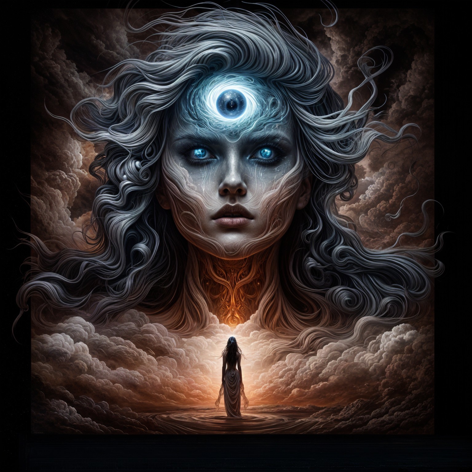 Mystical Woman with Ethereal Hair and Glowing Eyes