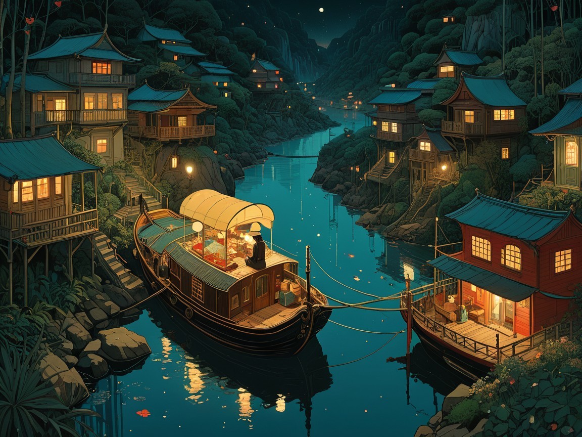 Tranquil River Scene with Illuminated Houses and Stars