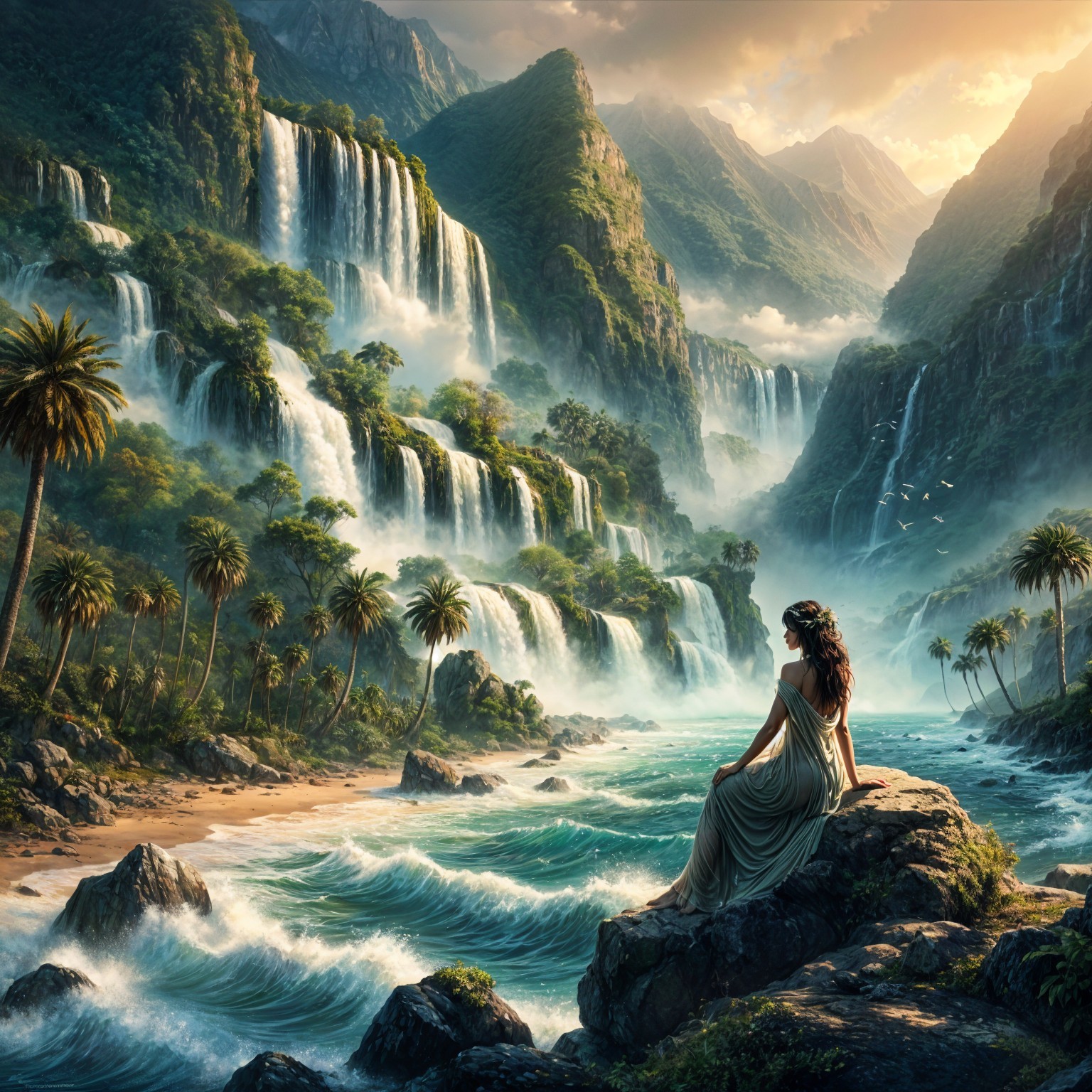 Serene Woman Overlooking Waterfalls and Landscape