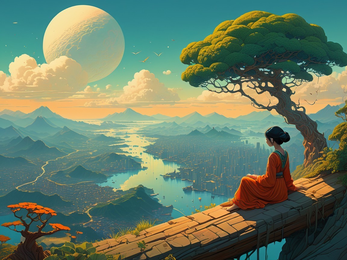 Serene landscape with woman in orange robe and river