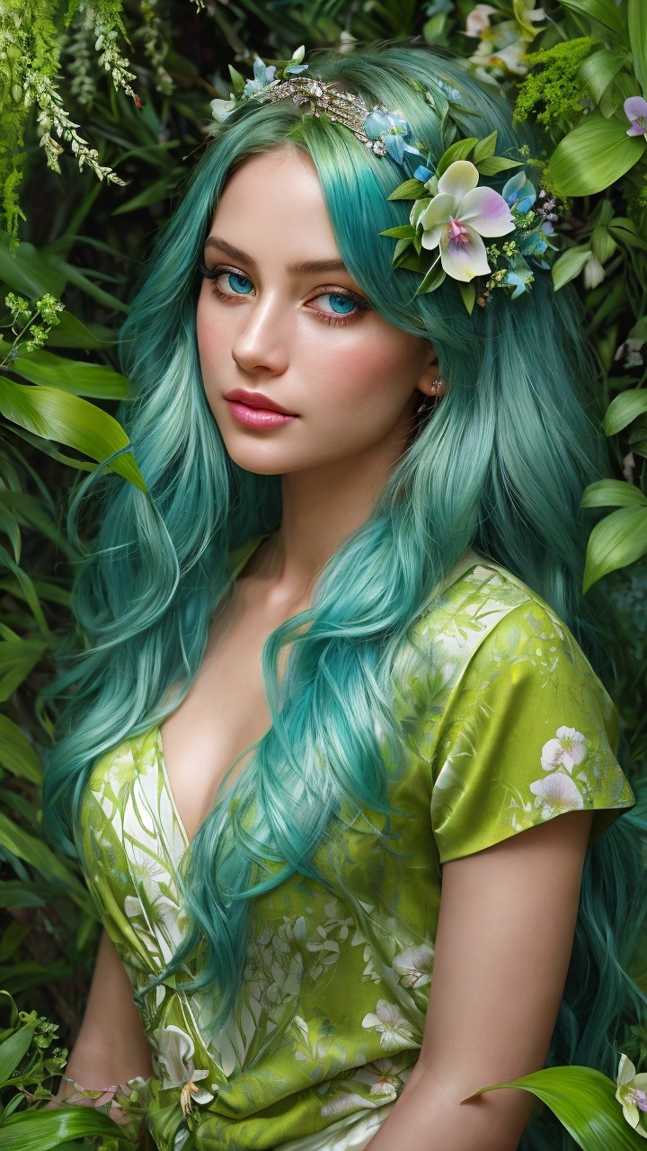 Young woman with teal hair in floral dress amidst greenery