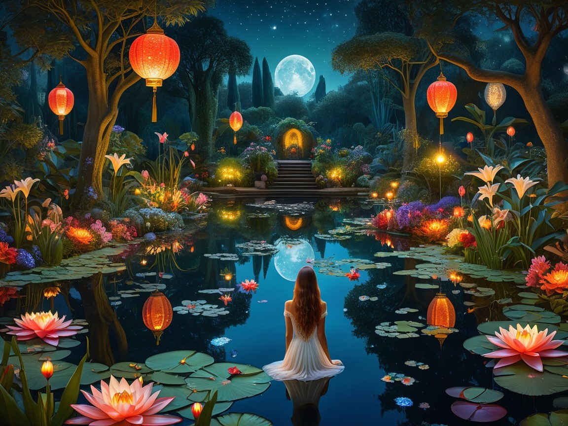 Tranquil Night Scene with Pond and Lush Greenery