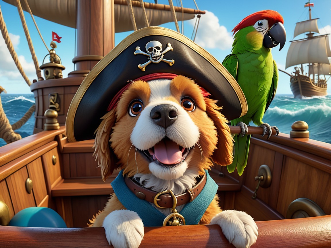 Cheerful dog in pirate hat aboard a ship at sea
