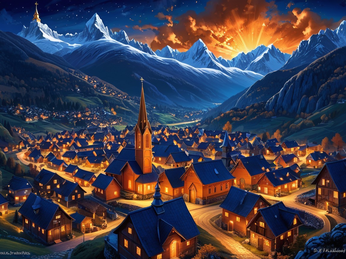 Picturesque village in a valley with sunset hues