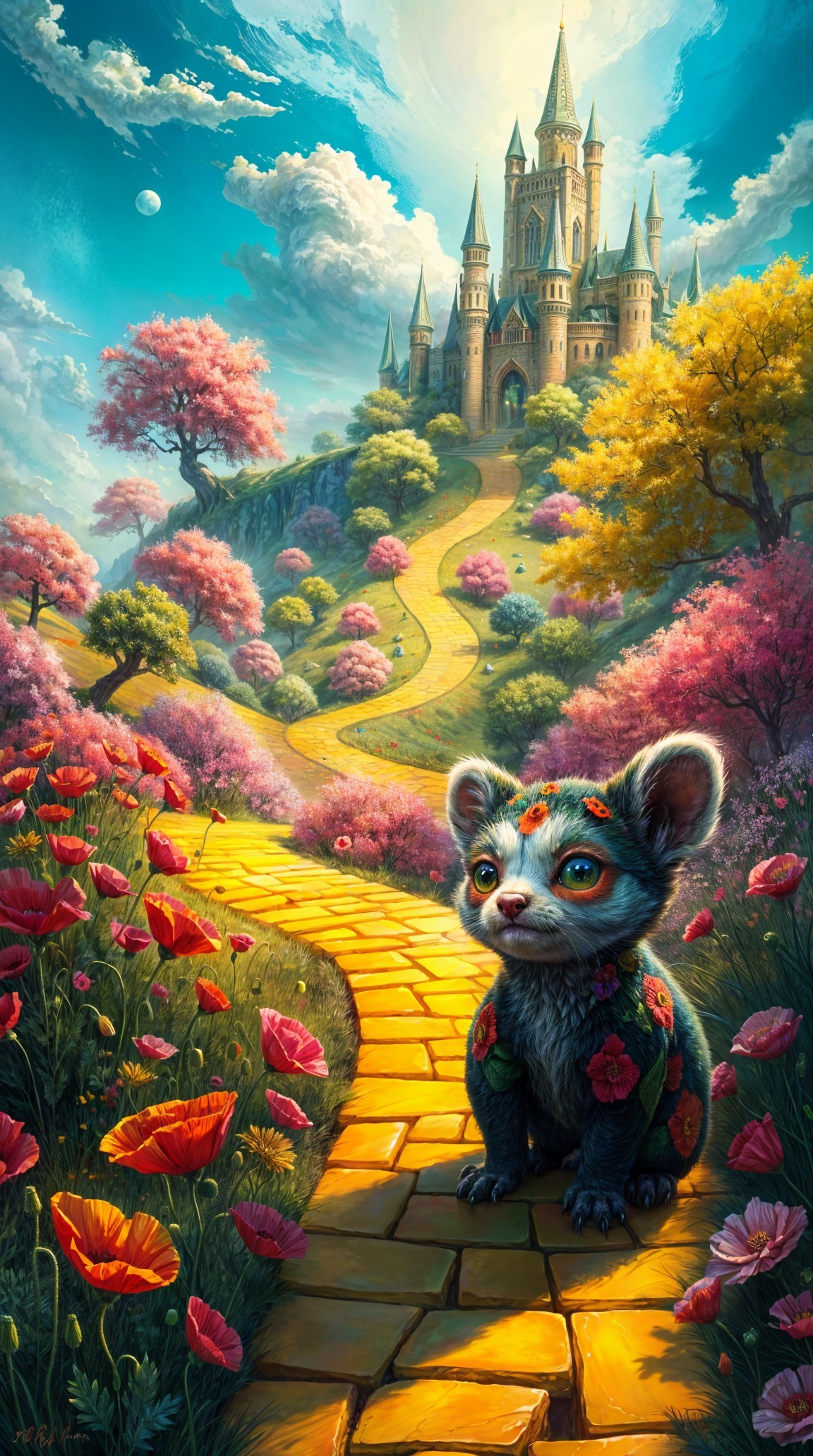 Whimsical Landscape with Mystical Castle and Creature