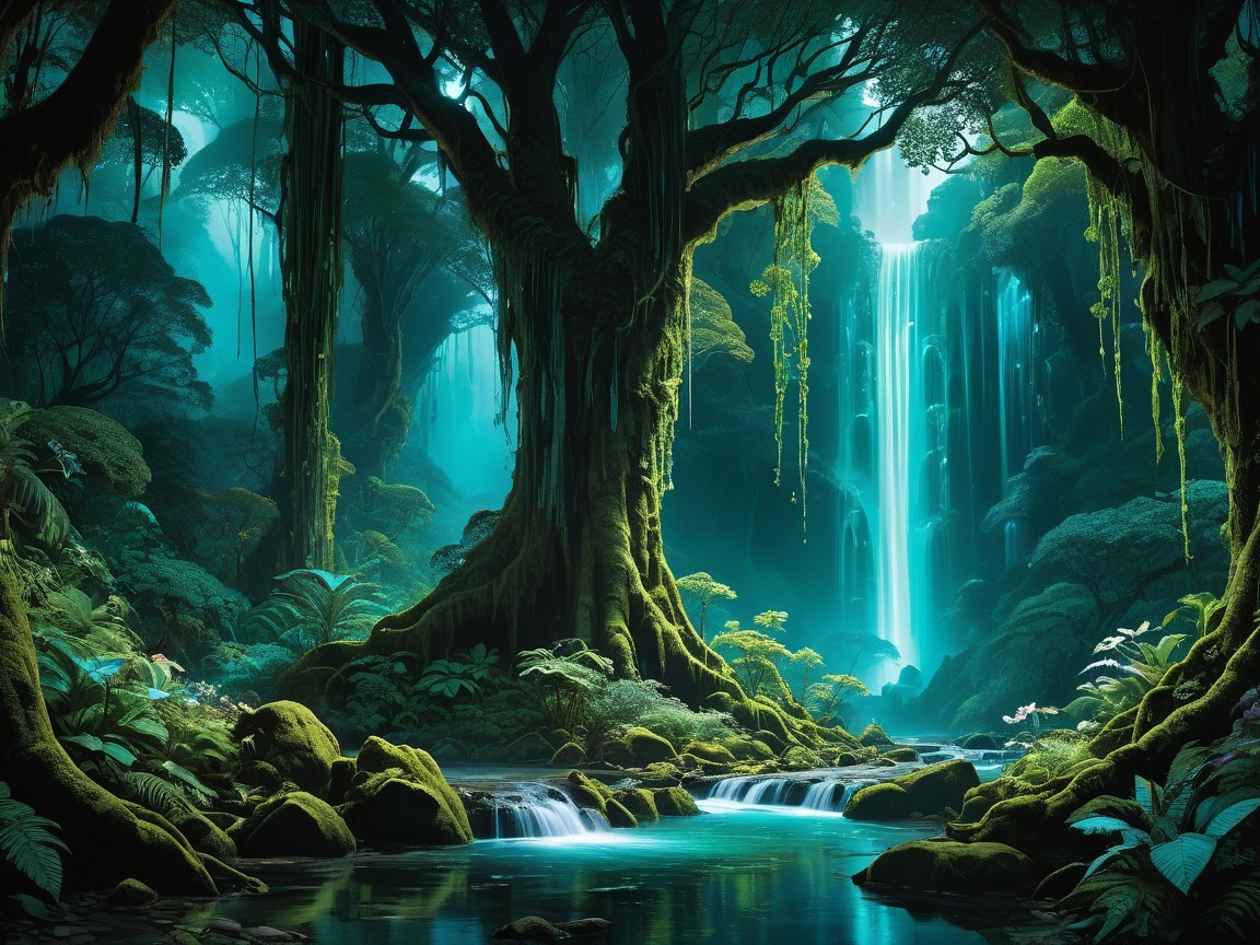 Mystical forest with ancient tree and serene waterfall