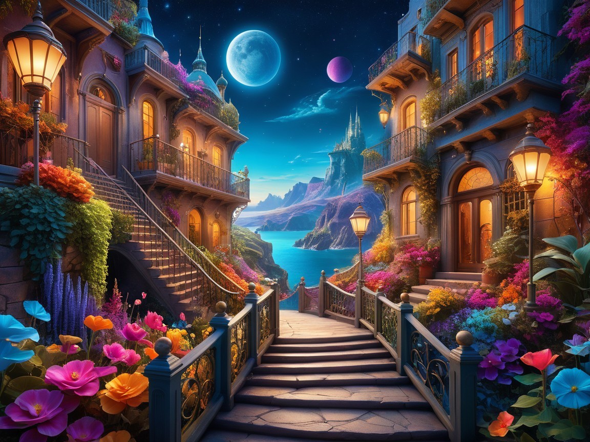 Enchanting Village Street with Lanterns and Flowers