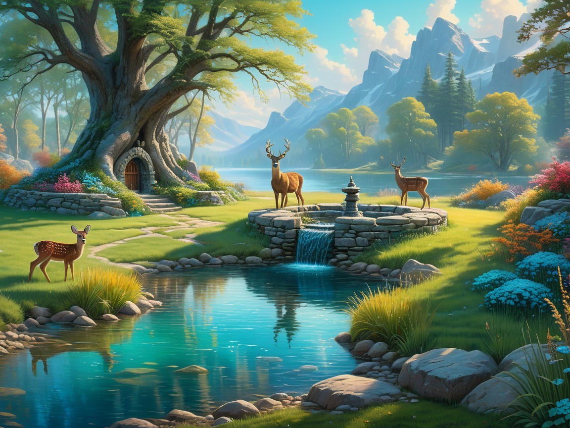 Serene Landscape with Tree, Pond, and Wildlife