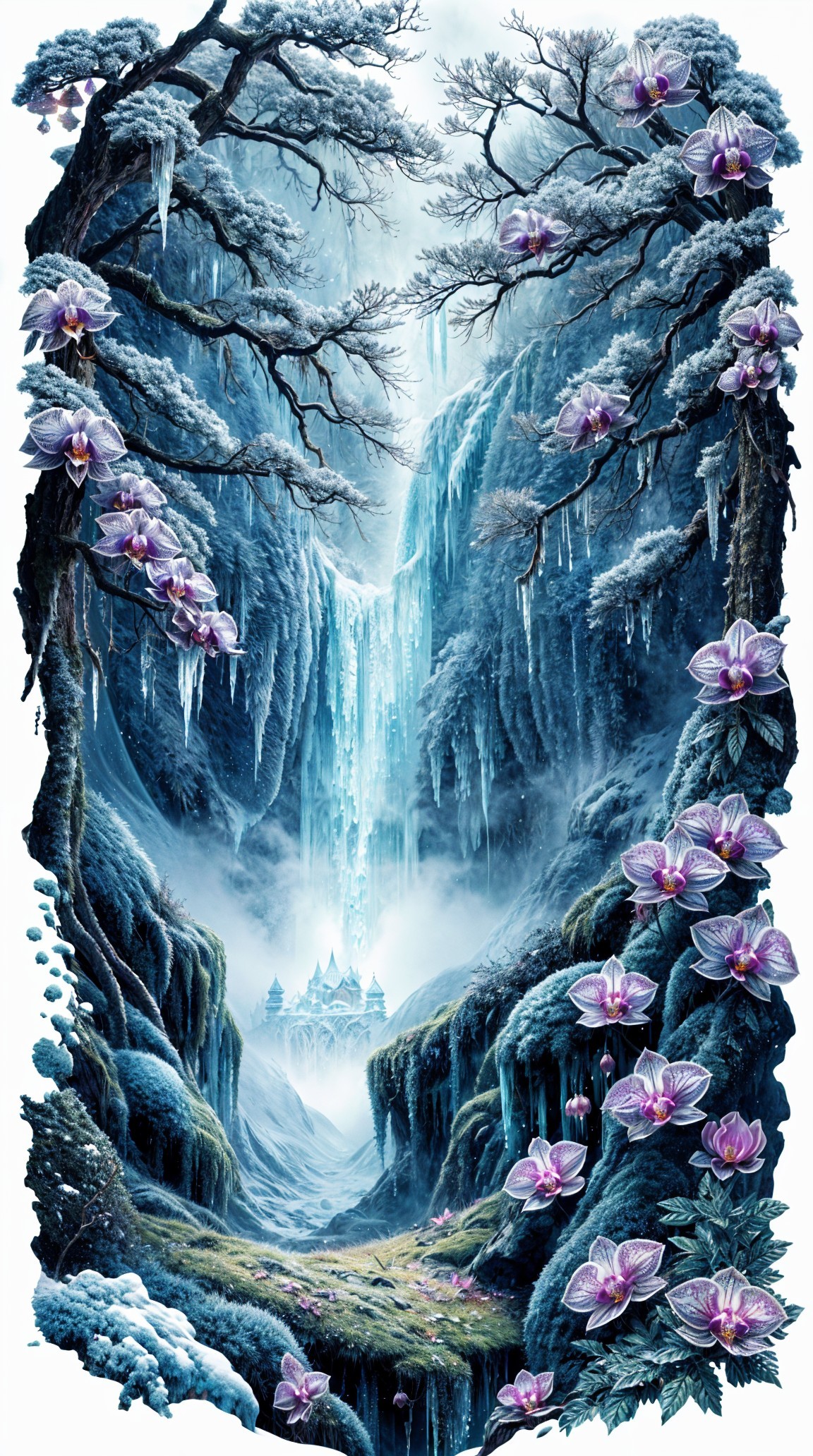 Serene Icy Landscape with Waterfall and Castle