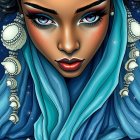 Portrait of a woman with seashells and turquoise scarf