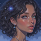 Young woman with blue eyes and starry background