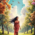 Woman in Red Dress in Autumn Landscape Scene