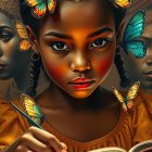 Young girl writing with butterflies in soft light