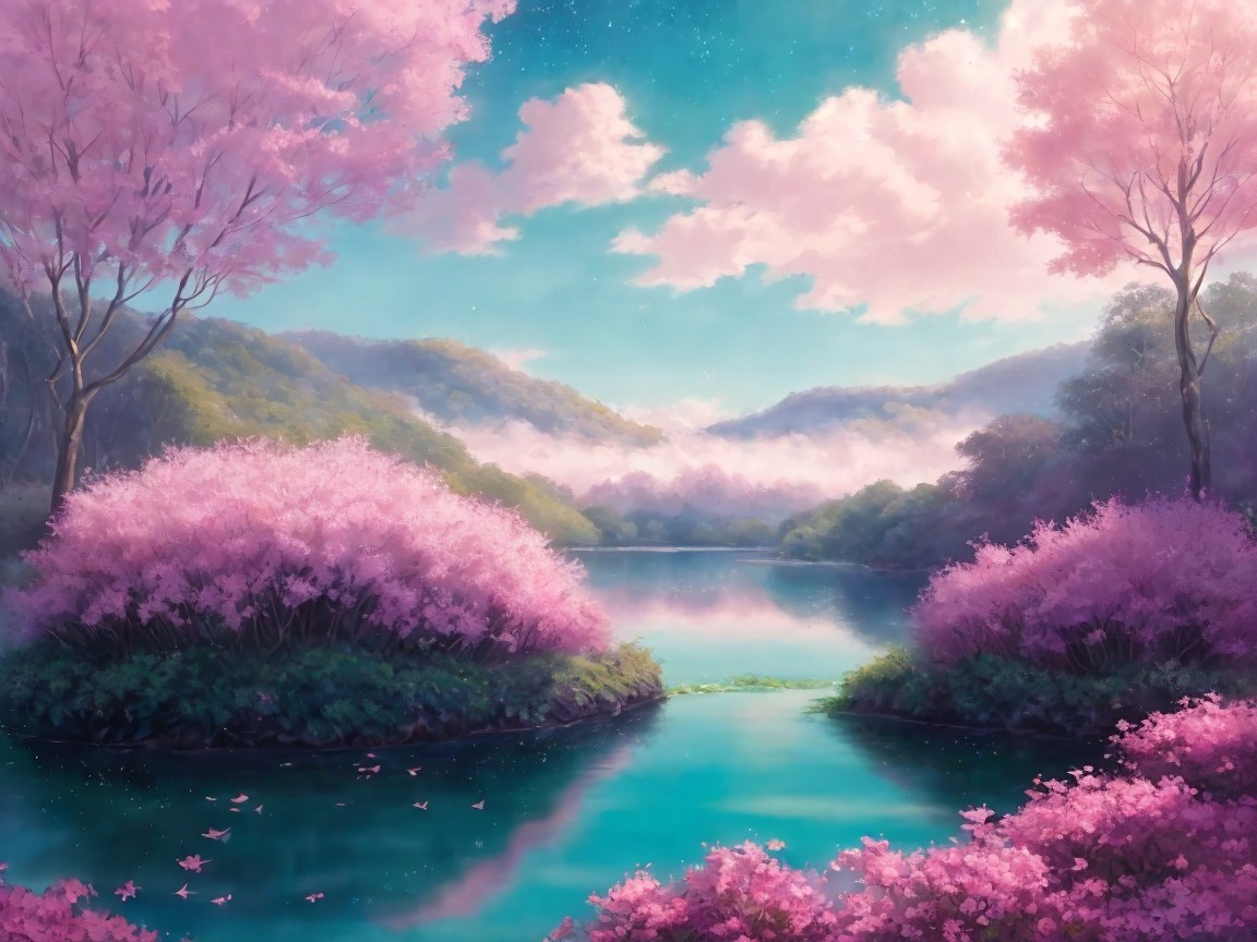 Tranquil Lake Surrounded by Cherry Blossoms and Mountains