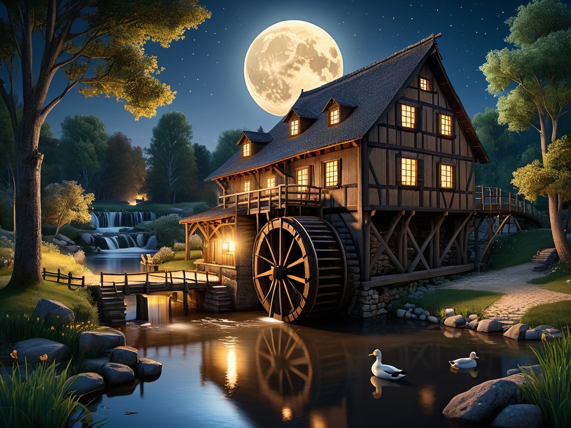 Charming Watermill by Serene River Under Full Moon