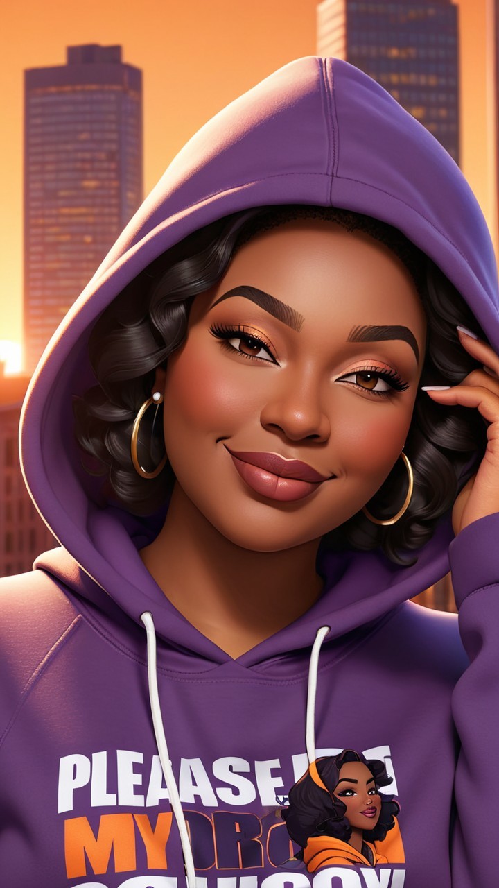 Smiling Woman in Purple Hoodie Against Sunset Skyline