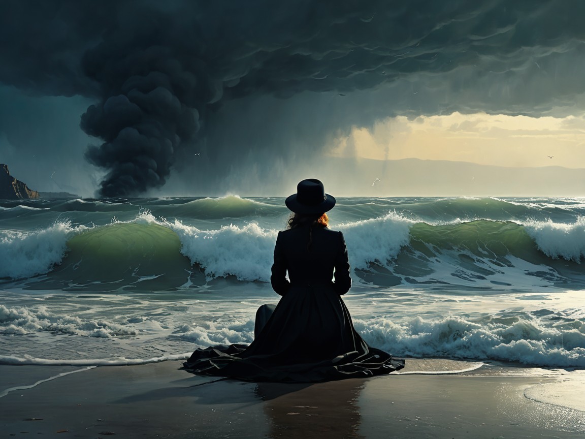 Solitary Figure in Black Dress by Tumultuous Waves