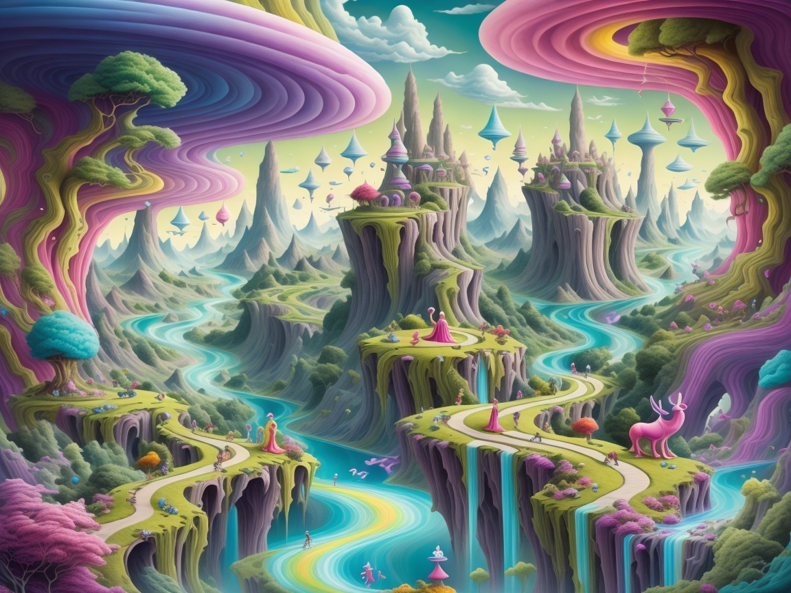 Vibrant Whimsical Landscape with Unique Flora and Creatures