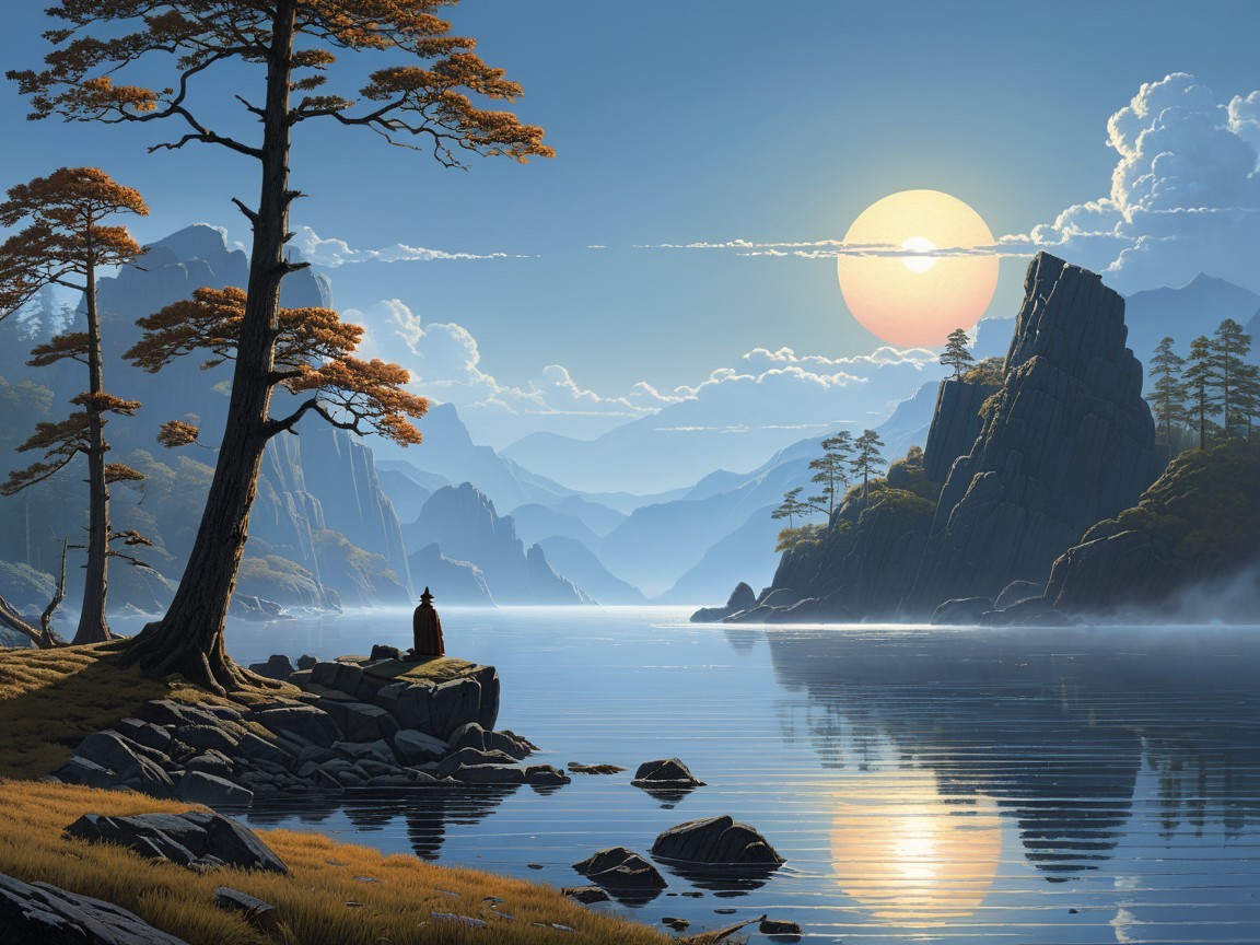 Tranquil Lake Landscape at Sunset with Solitary Figure