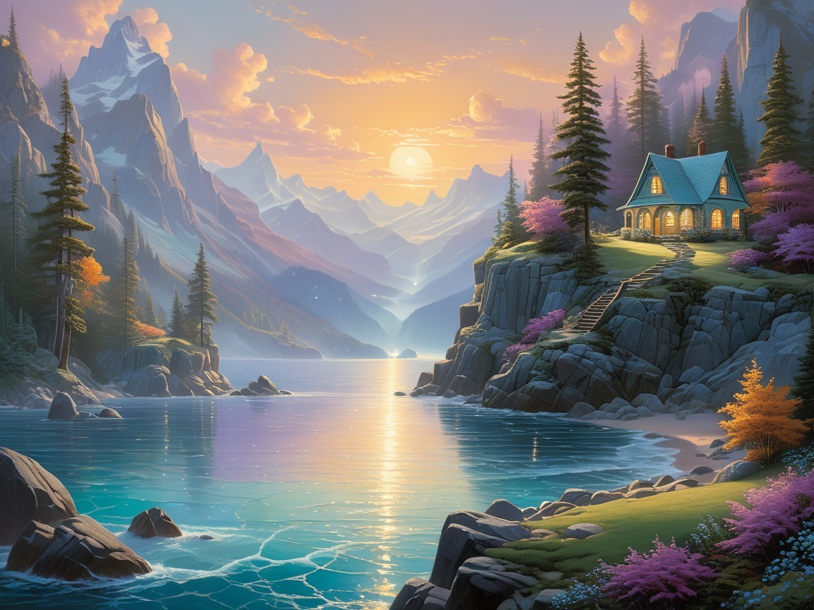 Cozy cottage by serene lake with vibrant trees and mountains