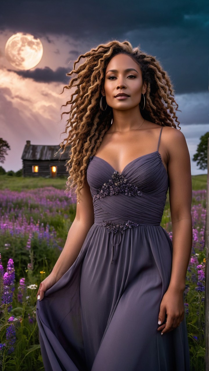 Woman in Lavender Dress Amidst Purple Flowers and Cabin