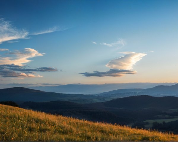 Serene Dusk Landscape with Rolling Hills and Wildflowers