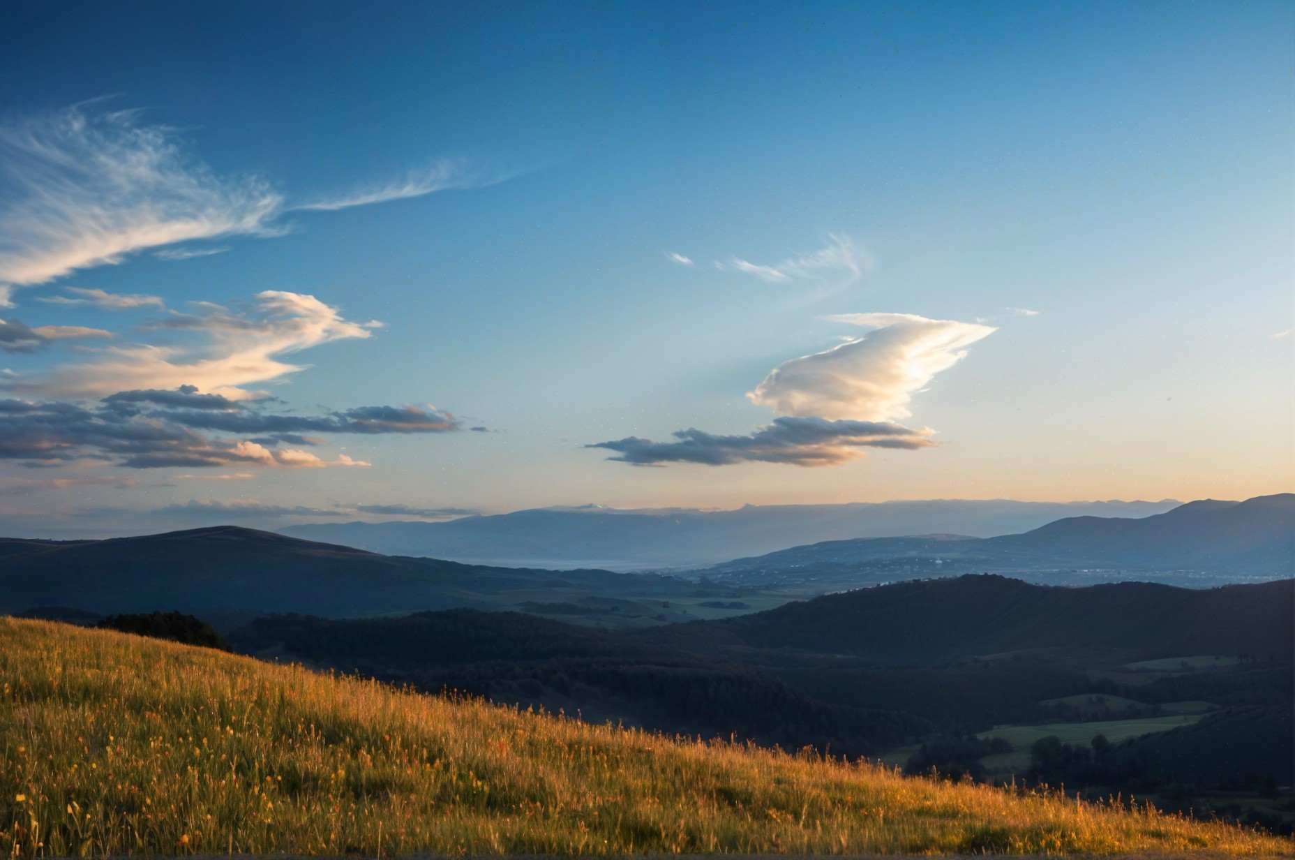 Serene Dusk Landscape with Rolling Hills and Wildflowers