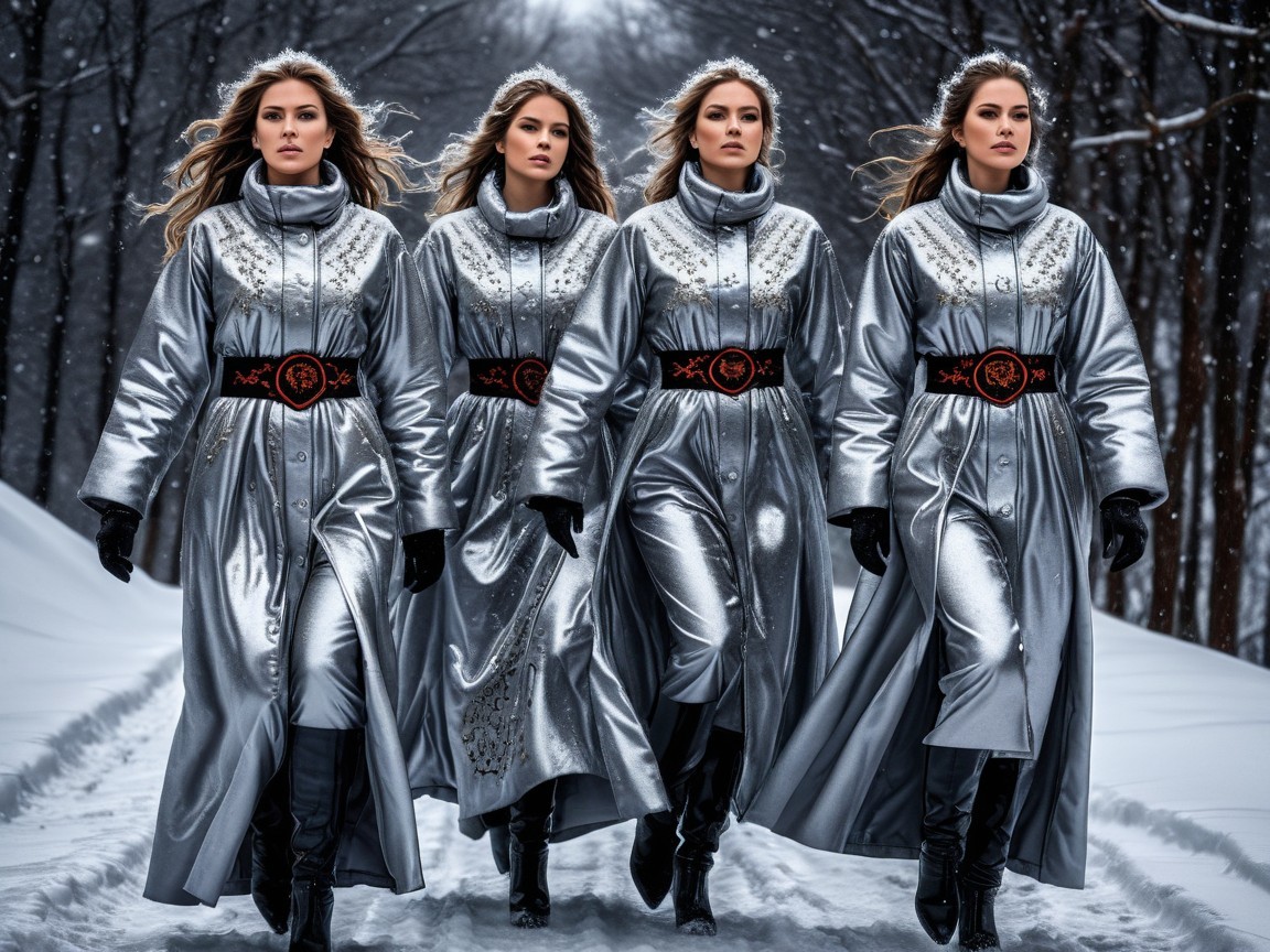 Figures in Silver Coats Walking in Snowy Landscape