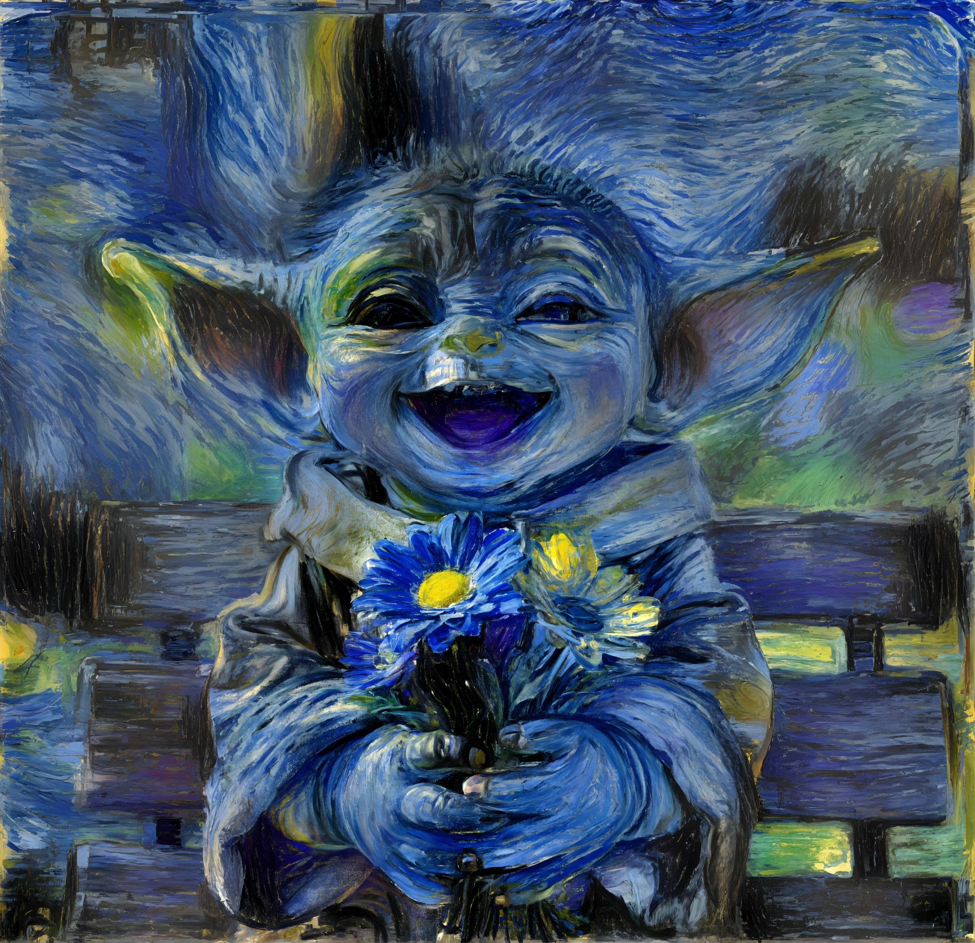 Whimsical Character with Blue Flowers in Vibrant Art