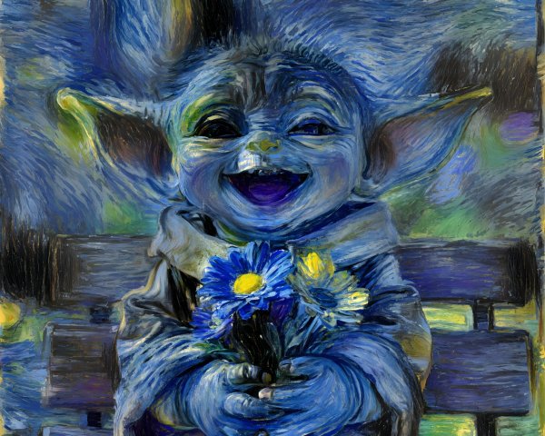 Whimsical Character with Blue Flowers in Vibrant Art