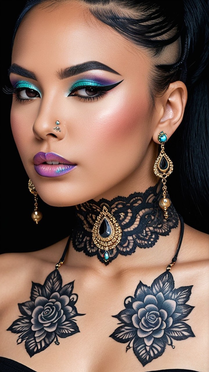 Portrait of a woman with bold makeup and tattoos